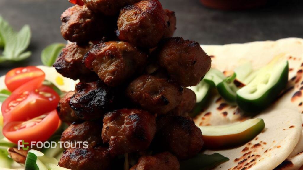A photo of Gola Kebab with roti and tomatoes