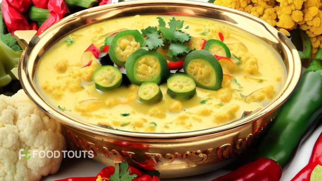 A hot fresh bowl of Sindhi Karhi served with toppings