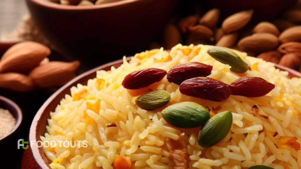 A bowl of Zarda garnished pistachio and almond, Rasins