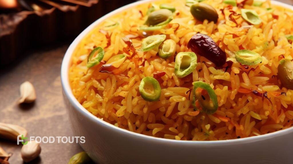 Bowl of Zarda garnished with pistachios