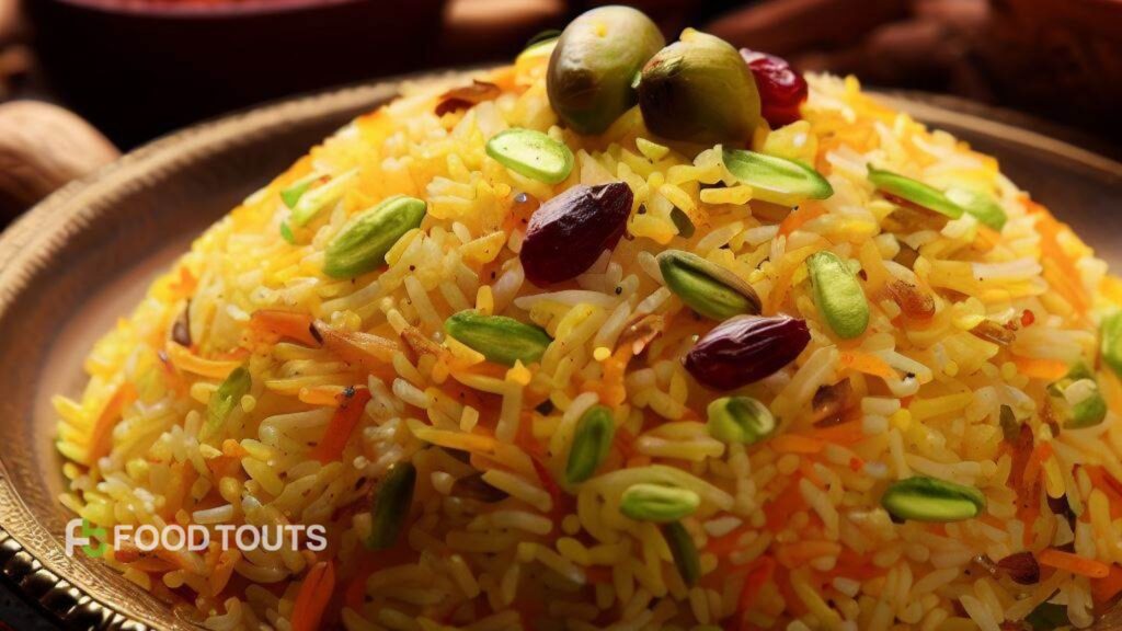 Yellow colored Zarda chawal with almonds and pistachio garnishing