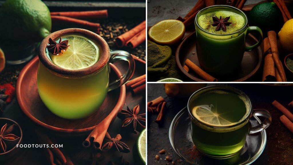 Cups of masala green tea having spices around with lemon slices