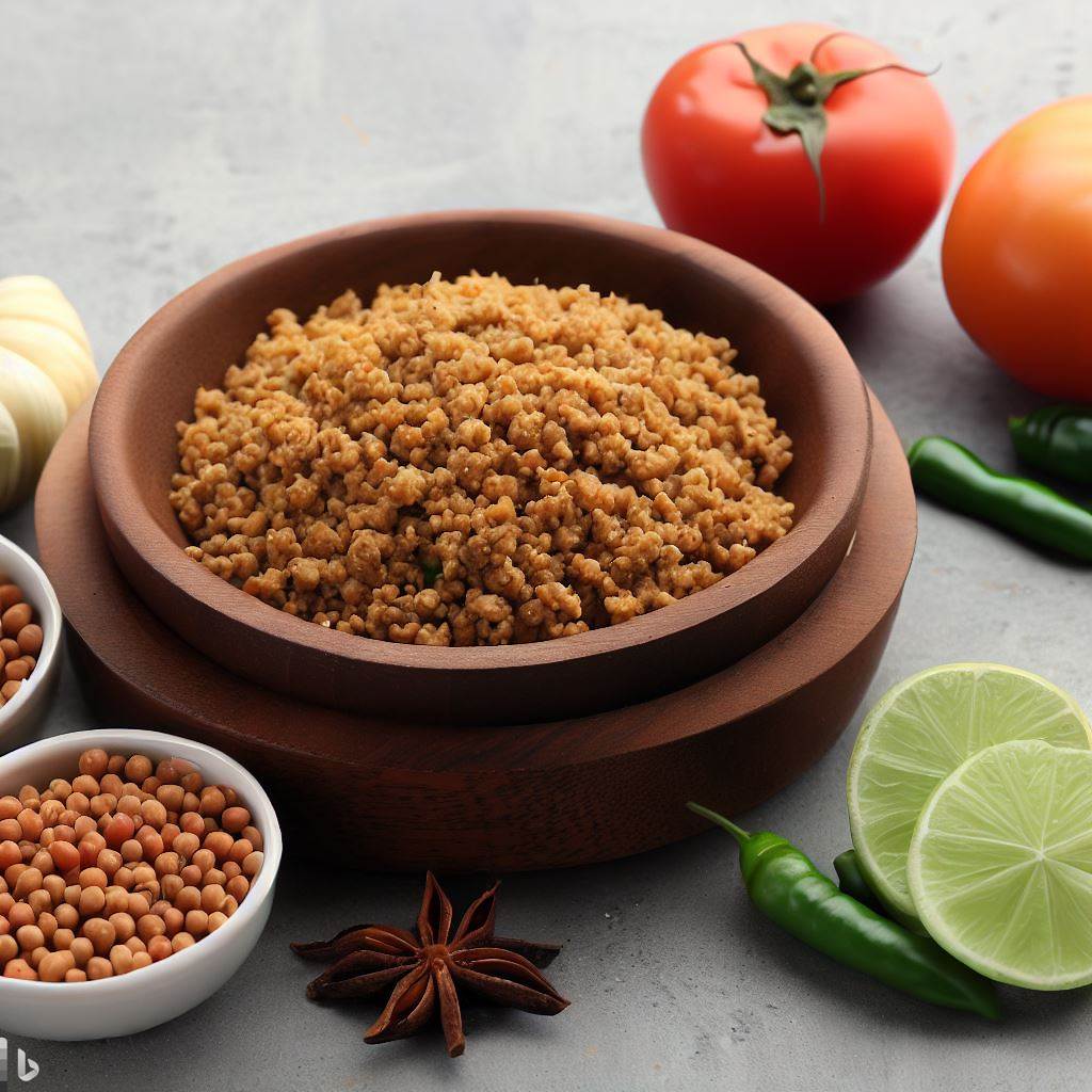 ingredients of matar qeema, tomato, green chili and lemon are along with a bowl of qeema