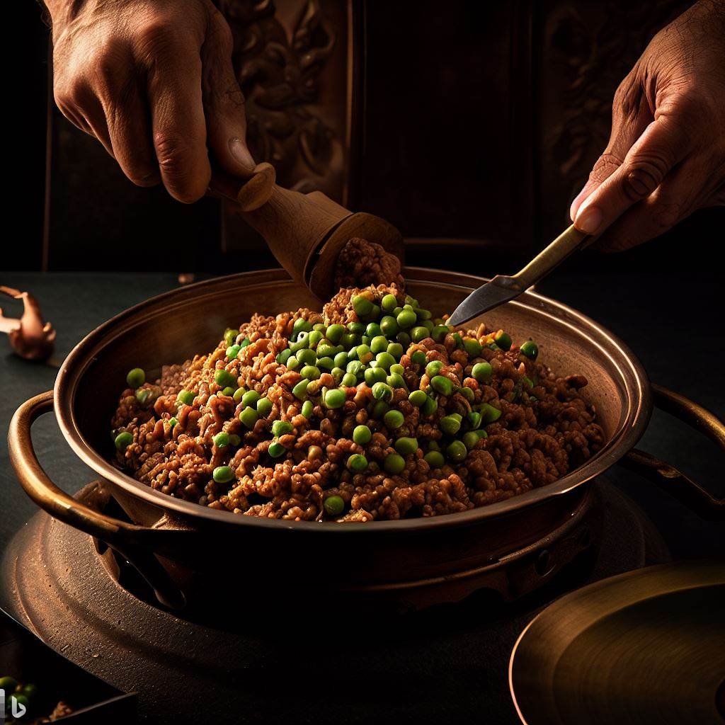 a plate of qeema matar dish with Pease spread on the top of it