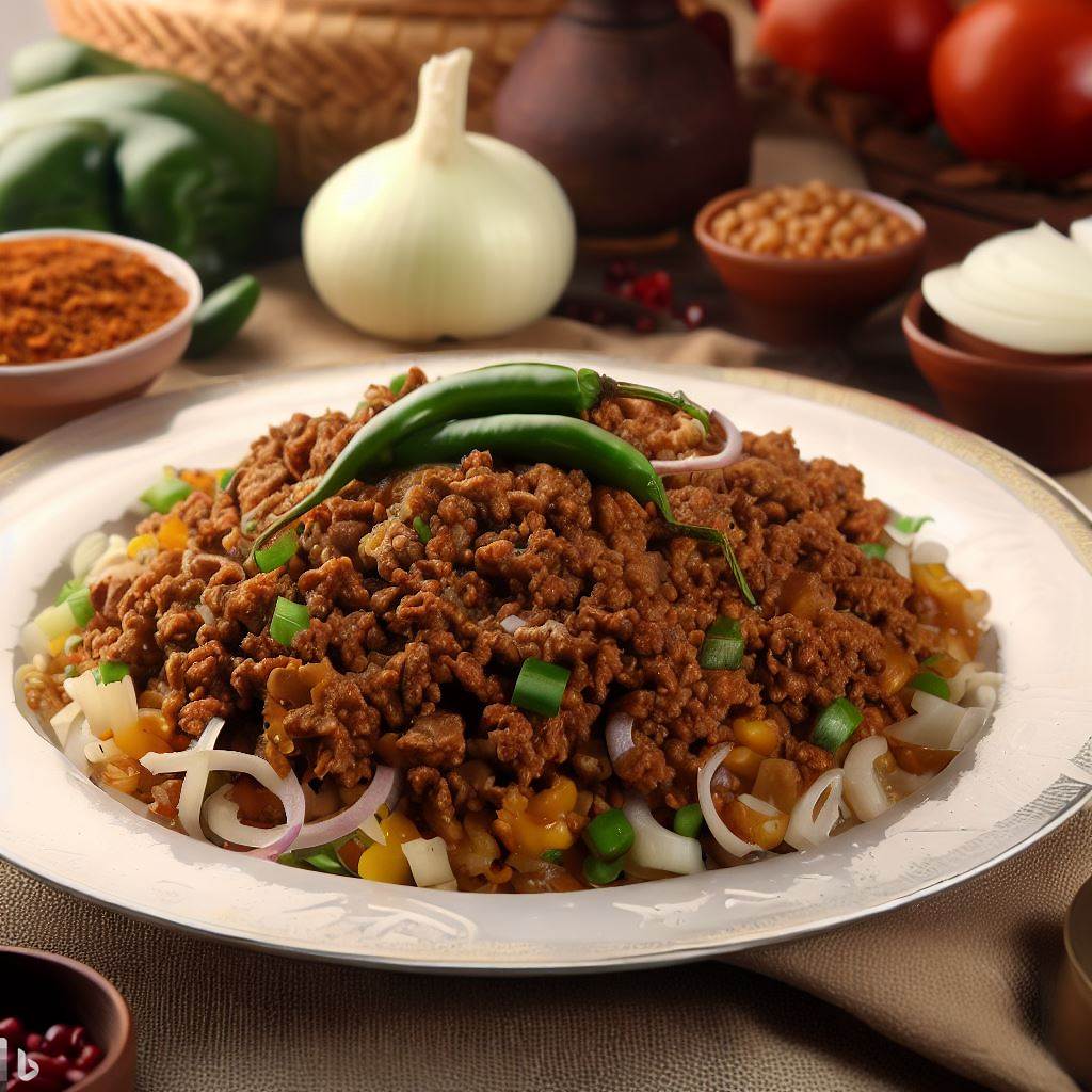 a plate of qeema matar with green chili and onion slices on the top
