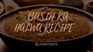 A bowl of Basin ka Halwa garnished with nuts