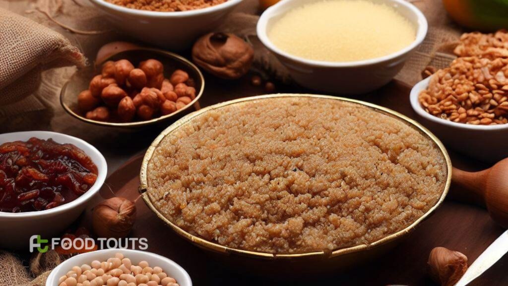 A bowl of Basin ka Halwa with ingredients around.