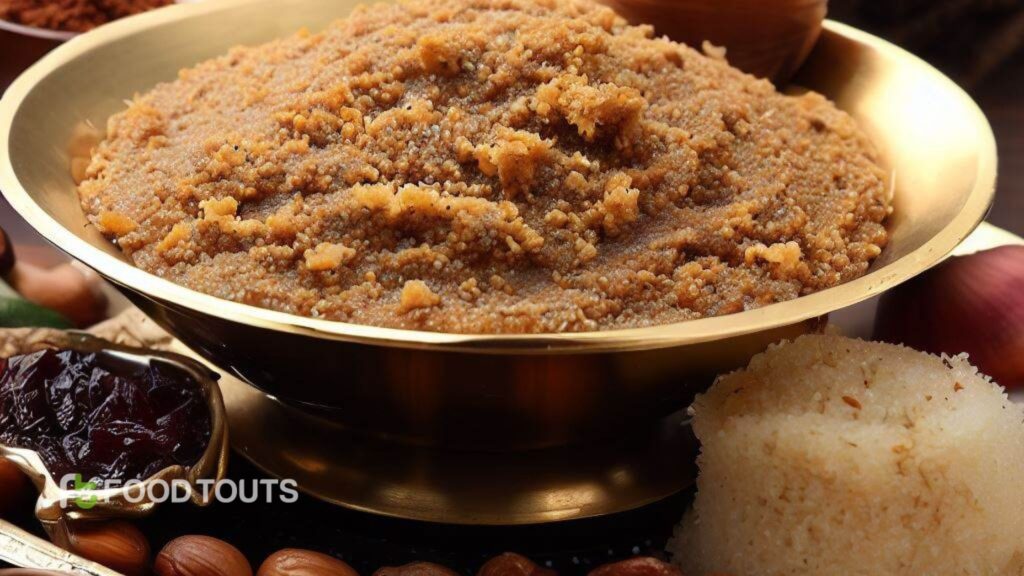Basin ka halwa in a brass bowl