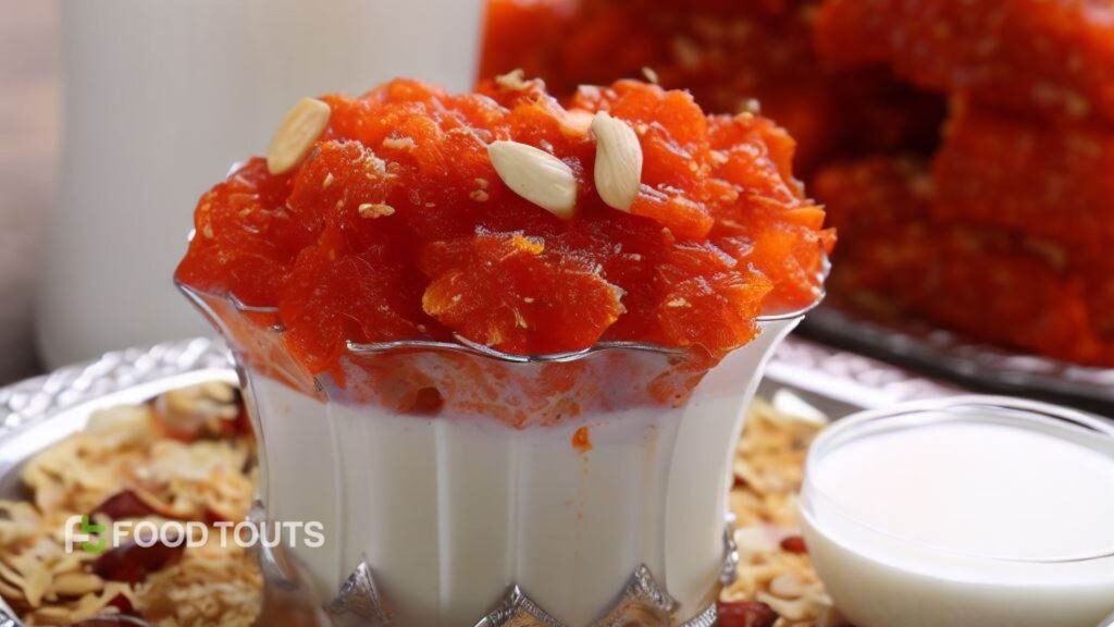 A glass bowl of Gajar ka Halwa with milk and almond representation