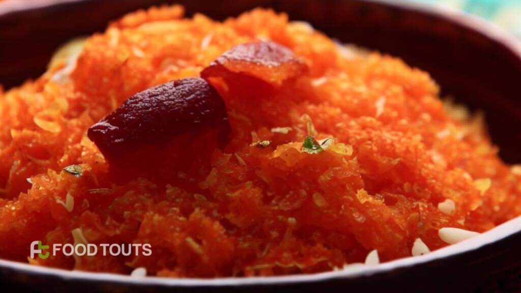 A bowl of Gajar ka Halwa garnished with sweets and almond slices.