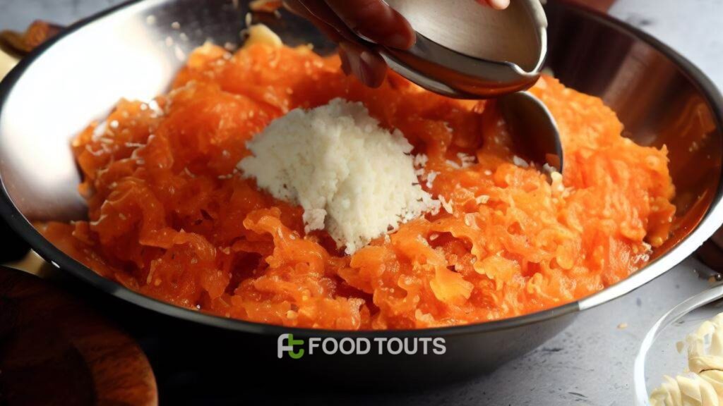 A steal bowl of Gajar ka halwa served with khoya on the top
