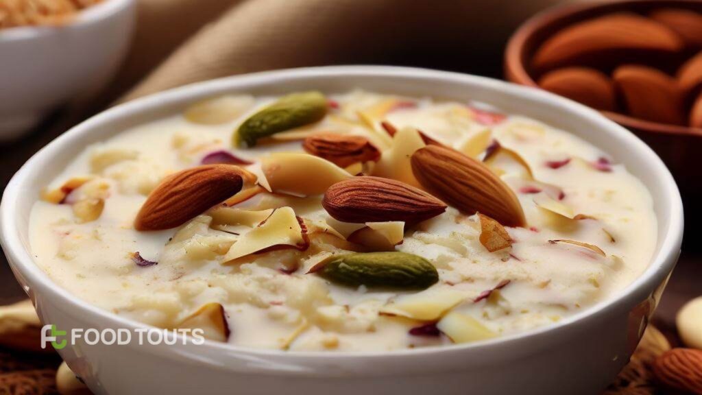  A bowl of Rice Kheer garnished with almonds and pistachios