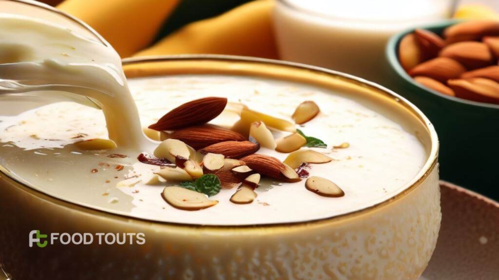 A bowl of Rice Kheer garnished with almonds and having milk pot and almonds pot around