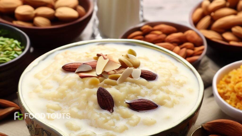 Rice Kheer bowl garnished with almonds and having almonds bowls around 