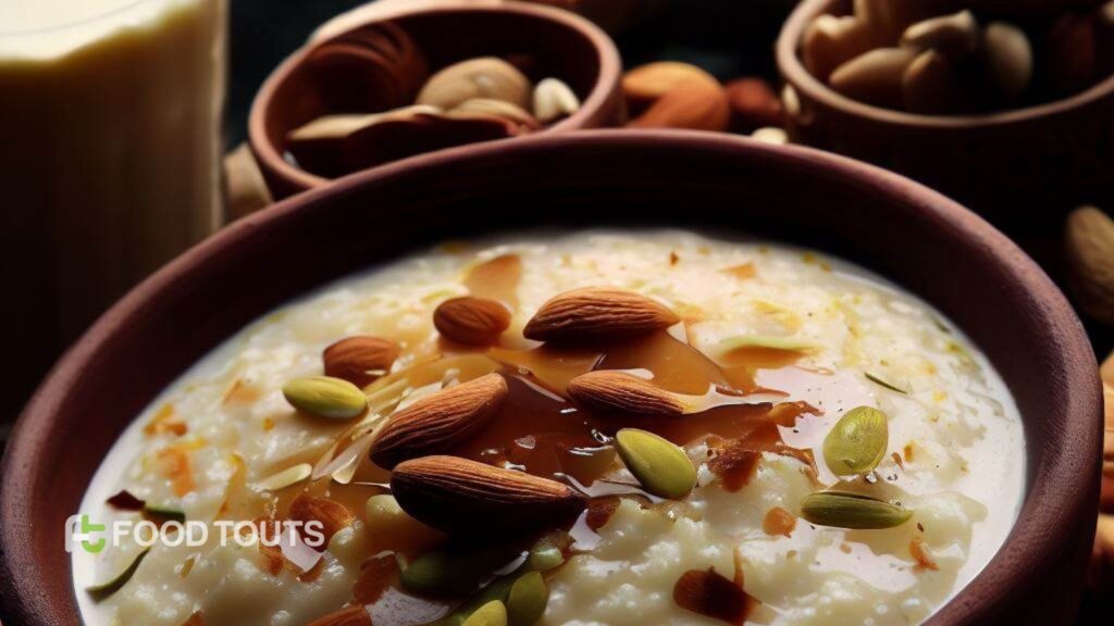 A clay bowl having Rice Kheer garnished with almonds, pistachios and Saffron