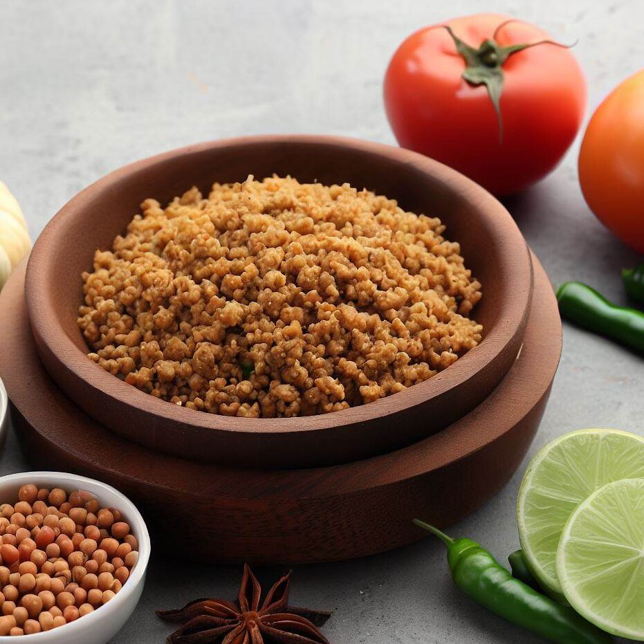 A clay bowl of keema for keema matar recipe with tomatoes, chili and onion around
